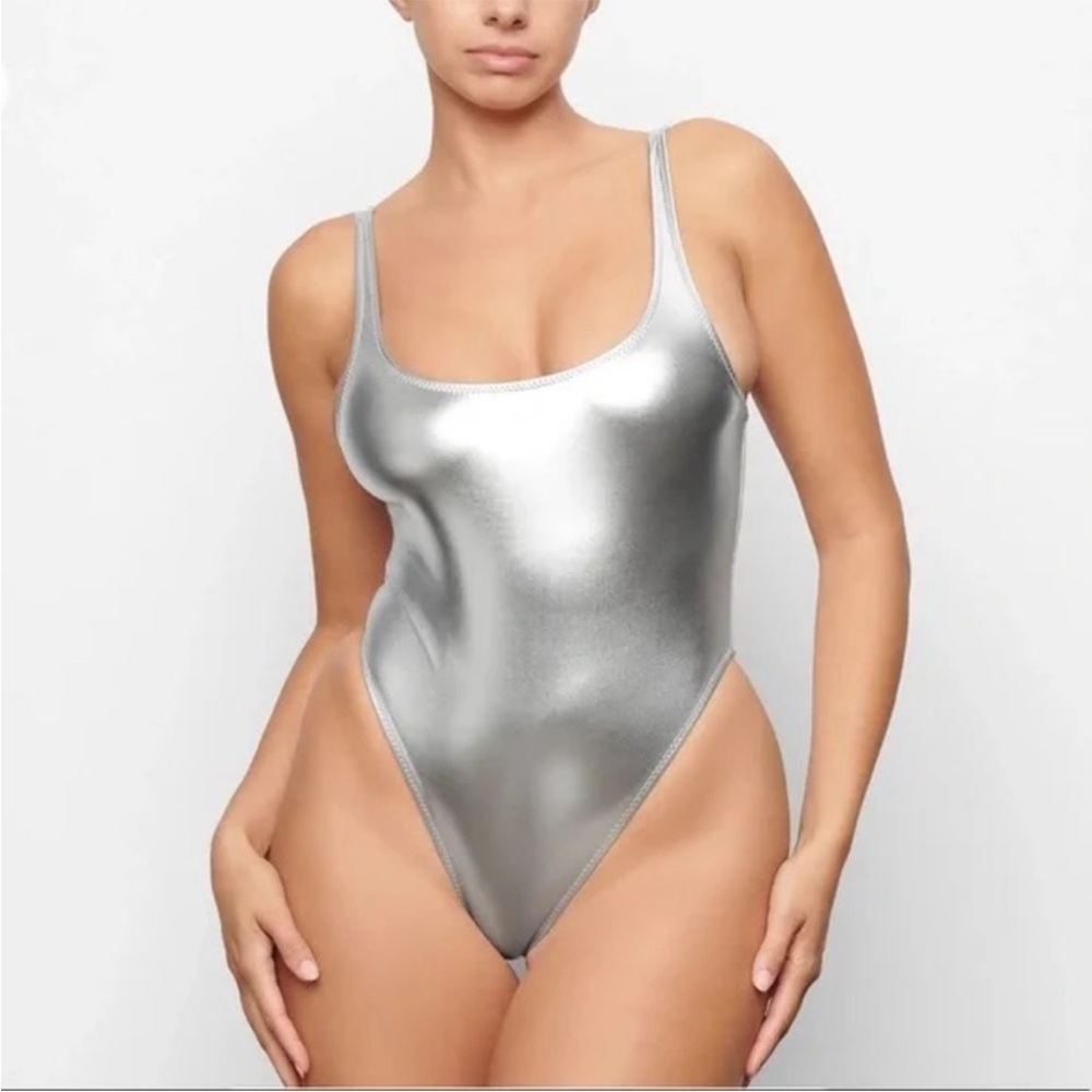 SKIMS: Silver Metallic Women's High Cut One Piece Swimsuit